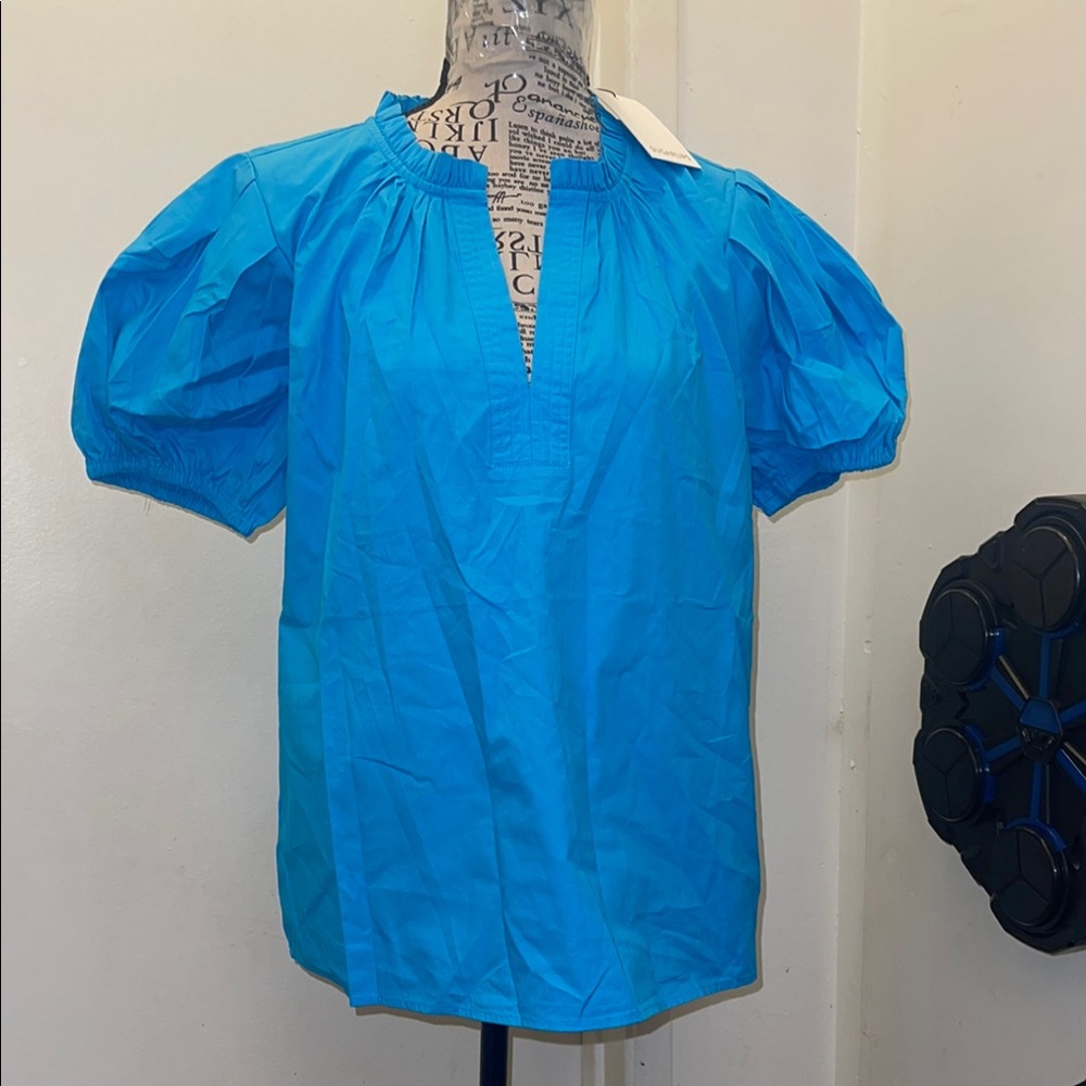 Sugarlips Blue Boxy Puff Sleeve Blouse with Mandarin Collar